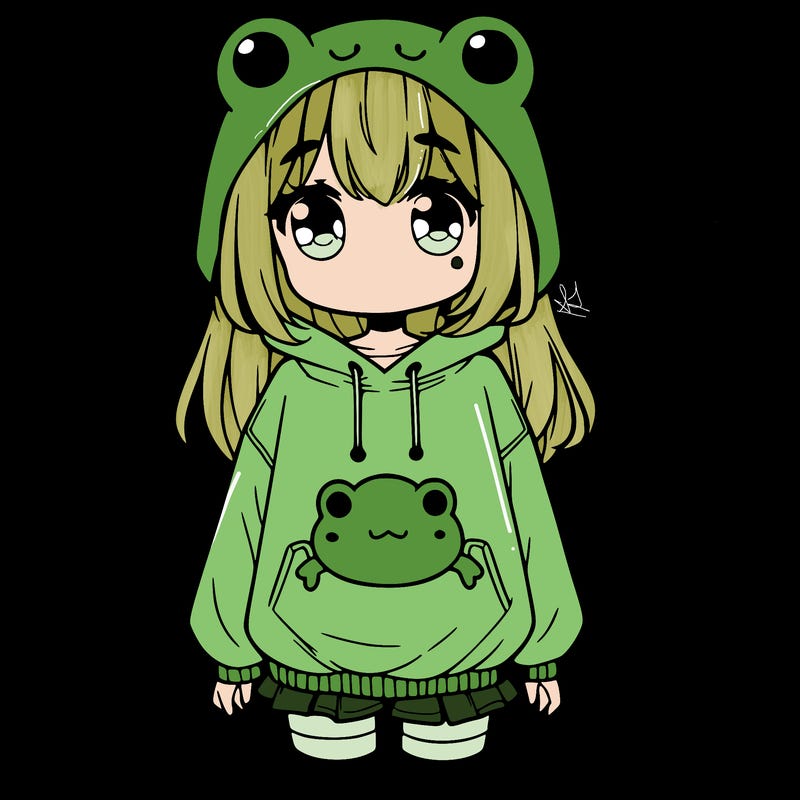cute anime girl wearing a baggy frog sweatshirt