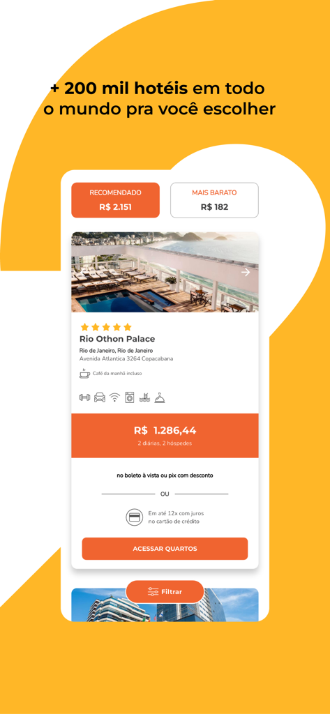 123milhas app screenshot displaying hotel booking options and prices for Rio de Janeiro