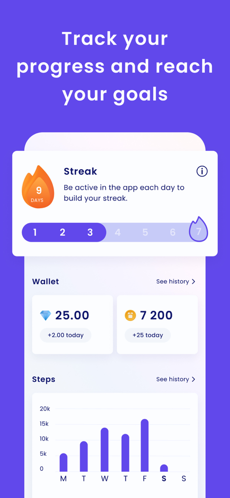 Stepler app screen showing daily streak, reward wallet with diamonds and points, and a weekly step progress chart.