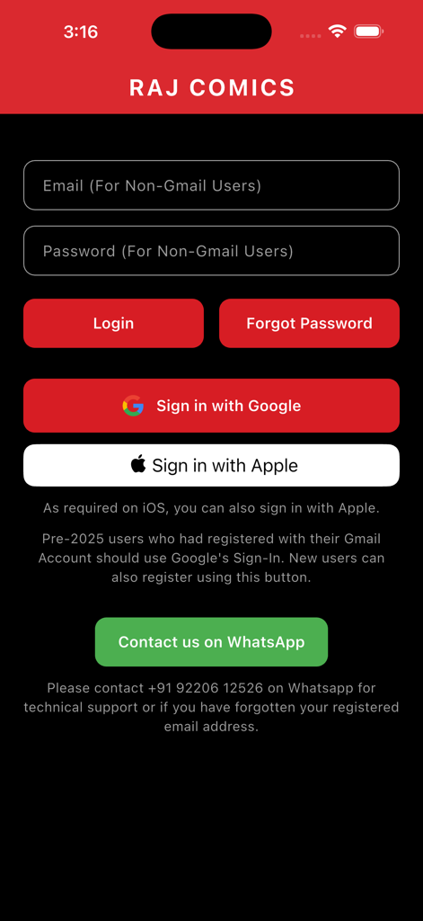 Raj Comics - Login page of the Raj Comics mobile app showing email, Google, and Apple sign in methods.