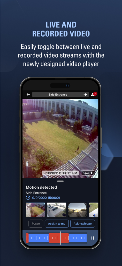 Avigilon Unity Video - Smartphone screen displaying Avigilon Unity Video app with a live camera feed and security alert details