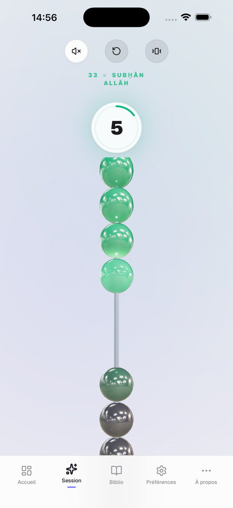 Chapelet Digital Zikr - Tasbih - Interface du compteur de tasbih numérique avec des perles de prière vertes et la prière Subhan Allah