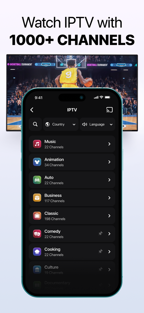 Screen Mirroring | Cast to TV - Screen Mirroring app showing IPTV channel categories and a basketball game being cast to a television