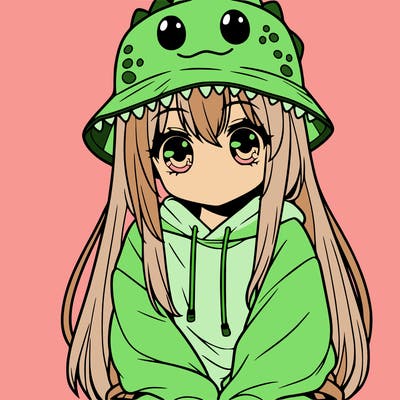 girl with anime shaped eyes with a dinosaur bucket hat oversized sweatshirt long straight hair
