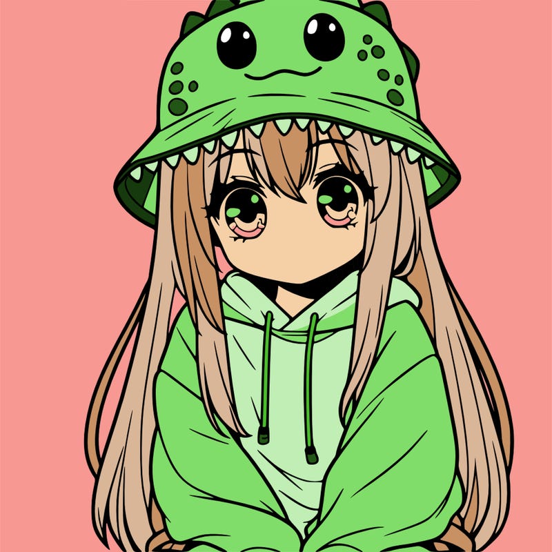 girl with anime shaped eyes with a dinosaur bucket hat oversized sweatshirt long straight hair
