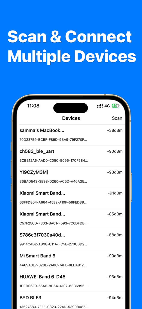 Mobile app screen showing a list of nearby Bluetooth devices with their signal strength in dBm