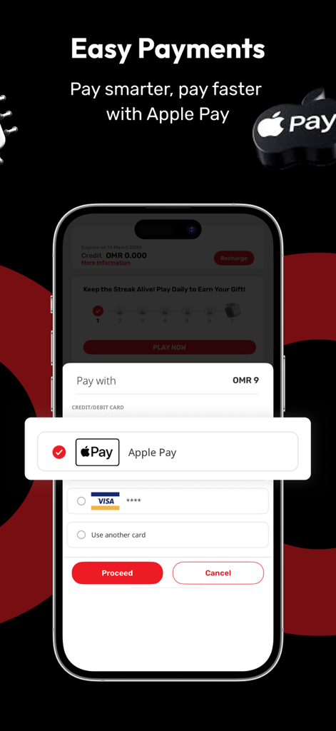 Ooredoo Oman - Ooredoo Oman Mobile App Zahlungsbildschirm mit Apple Pay-Integration für schnelle Transaktionen