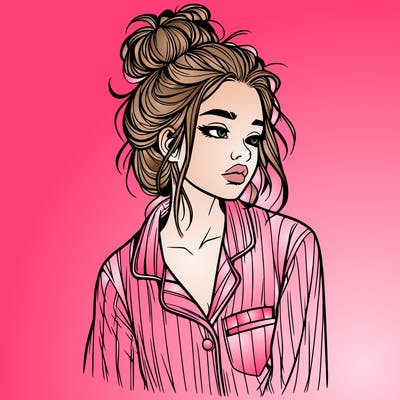 realistic woman with pajamas on and a messy bun