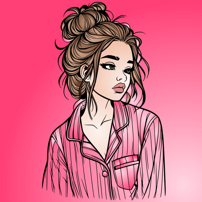 realistic woman with pajamas on and a messy bun