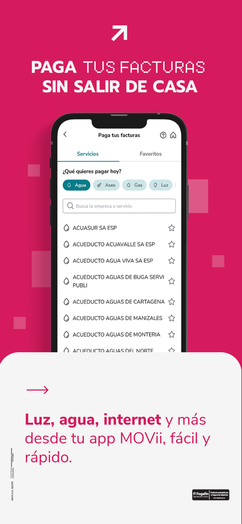 MOVii - Un teléfono móvil mostrando la interfaz de la aplicación MOVii para pagar facturas de servicios públicos colombianos