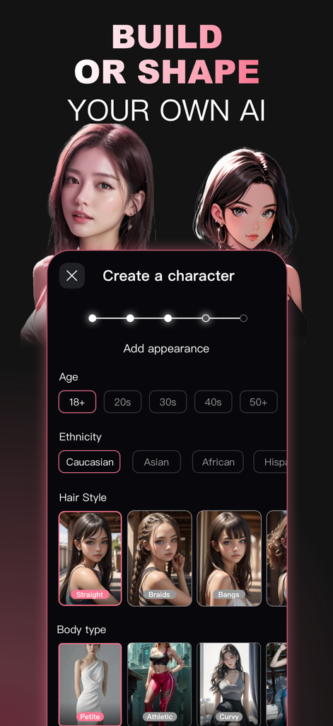 SpicyAI App-Bildschirm zur Charaktererstellung, um eine benutzerdefinierte KI-Freundin mit Optionen für Alter, Ethnizität und Aussehen zu erstellen