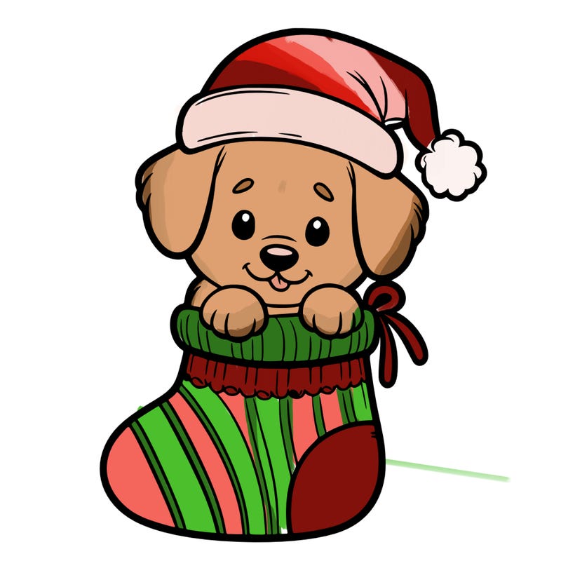 cute puppy wearing santa hat in socking