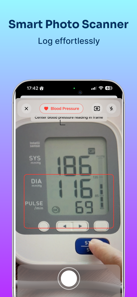 Glu AI: Smart Glucose Tracker - Glu AI app smart photo scanner capturing blood pressure readings from a monitor