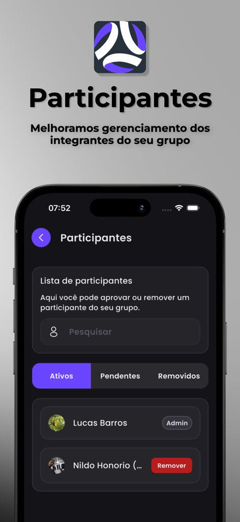 Bolão Entre Amigos - User interface of the Bolao Entre Amigos app showing the group participants management screen