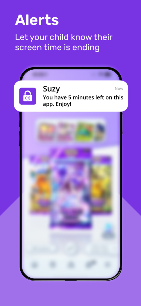Notifica dall'app Suzy all'iPhone che informa un bambino che rimangono 5 minuti di tempo davanti allo schermo
