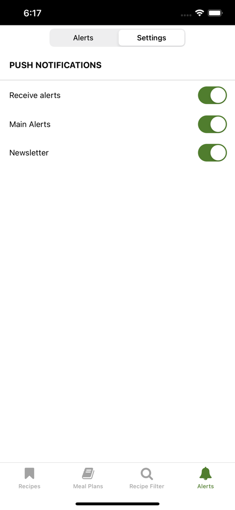 Pantalla de la aplicación Well Nourished para gestionar notificaciones push y alertas de boletines