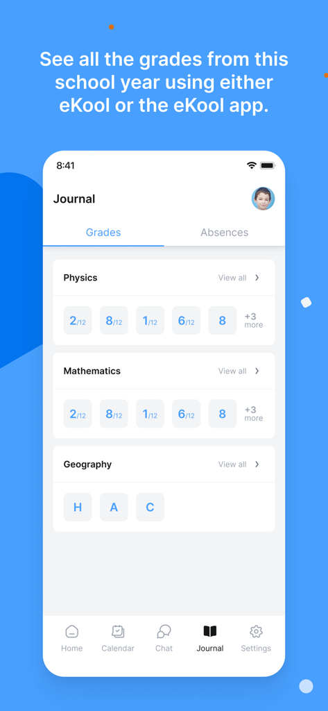 eKool - eKool app screen showing student grades for various school subjects