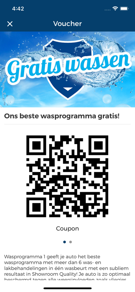 Loogman WasApp screen displaying a QR code for a free car wash coupon