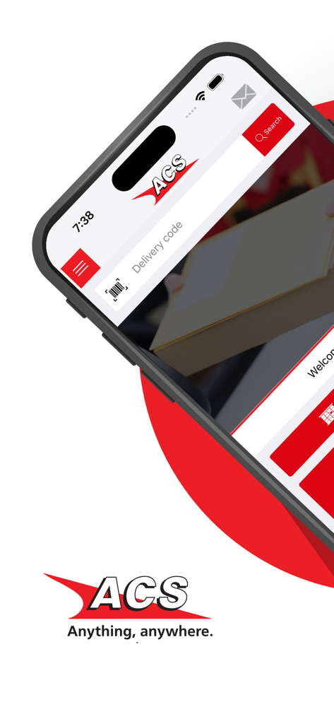 ACS Mobile App interface displayed on a smartphone screen showing package tracking and courier services.