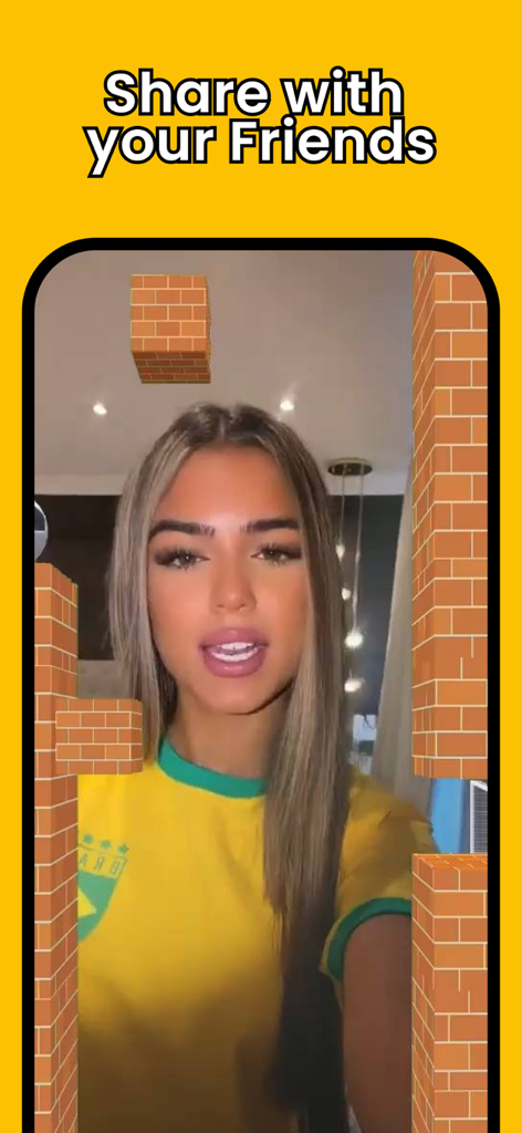 A young woman playing an AR filter game on the FilterTok app with the text Share with your Friends