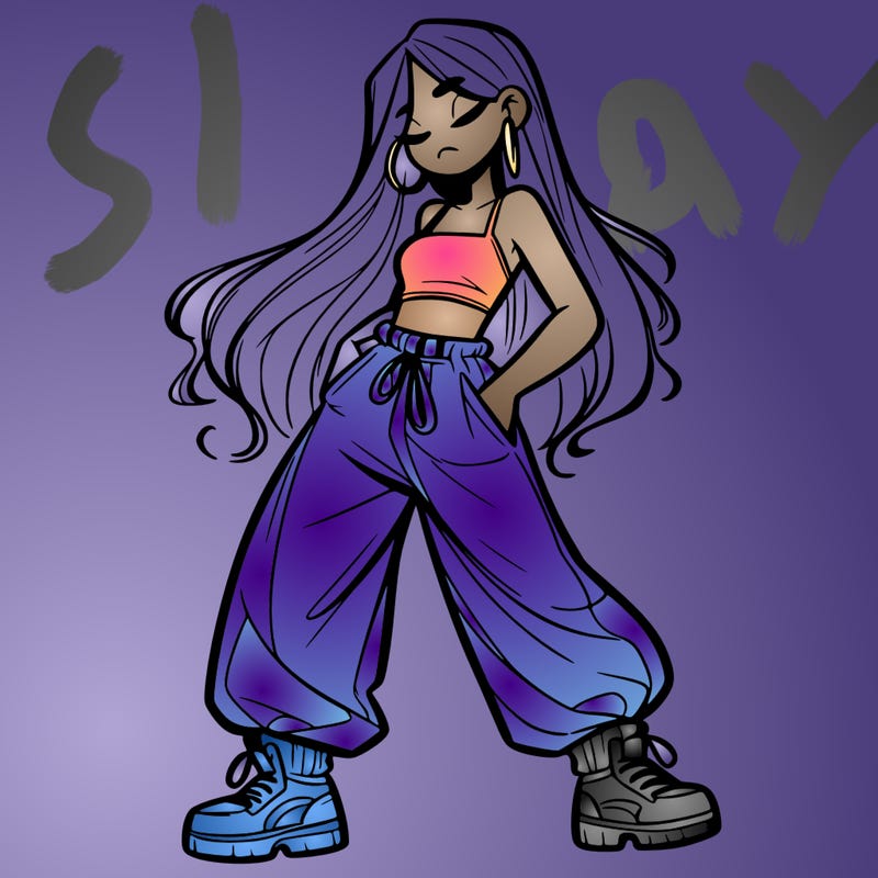 girl in baggy pants crop top and long hair