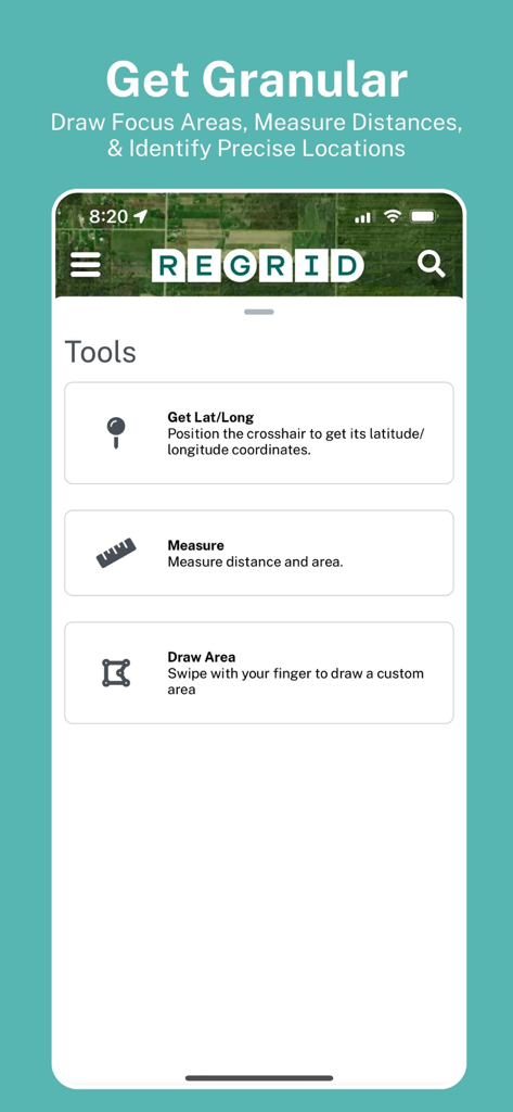 Interface de l'application Regrid montrant des outils de mesure de distance et de dessin de zones personnalisées