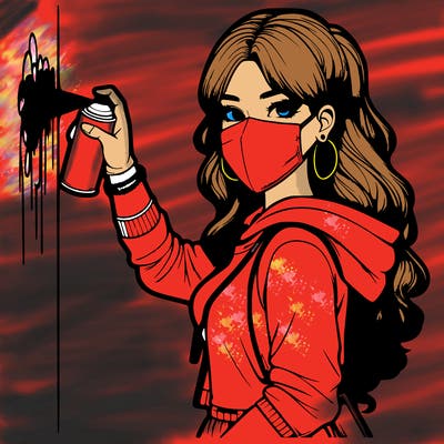 realistic girl with mask spray painting a wall
