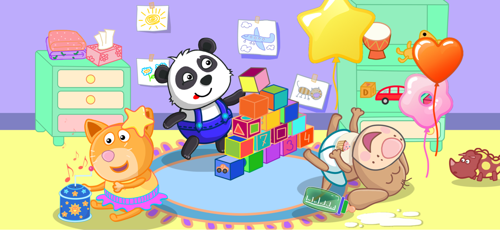 Cartoon panda cat and hippo playing with building blocks and toys in a colorful playroom