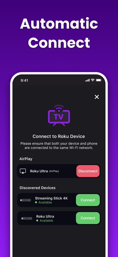 Captura de pantalla de la aplicación Universal Remote que muestra la pantalla de conexión automática de dispositivos con dispositivos Roku descubiertos listos para sincronizar.