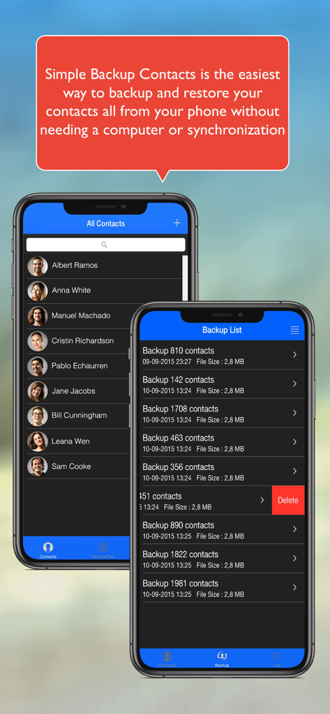 Interface de l'application Sauvegarde Simple des Contacts montrant la liste de contacts et l'historique des sauvegardes sur des écrans d'iPhone