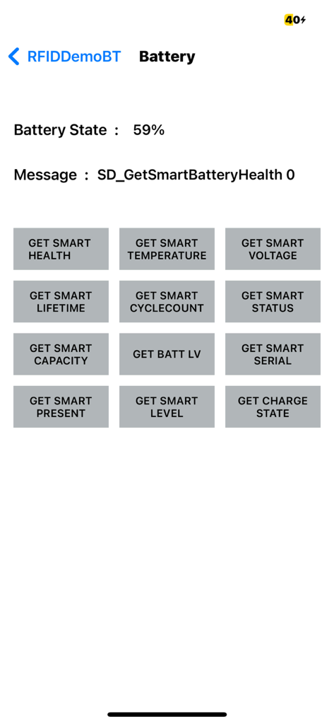 RFR901 APP - L'écran de diagnostic de la batterie de l'application RFR901 montrant diverses options de test de batterie intelligente.