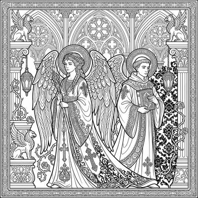 Immerse yourself in a world of spiritual beauty with this intricate Gothic angels and saints coloring page. Discover detailed robes, majestic wings, and ornate architecture waiting for your creative touch.