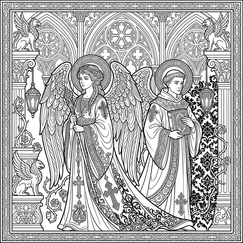 Immerse yourself in a world of spiritual beauty with this intricate Gothic angels and saints coloring page. Discover detailed robes, majestic wings, and ornate architecture waiting for your creative touch.