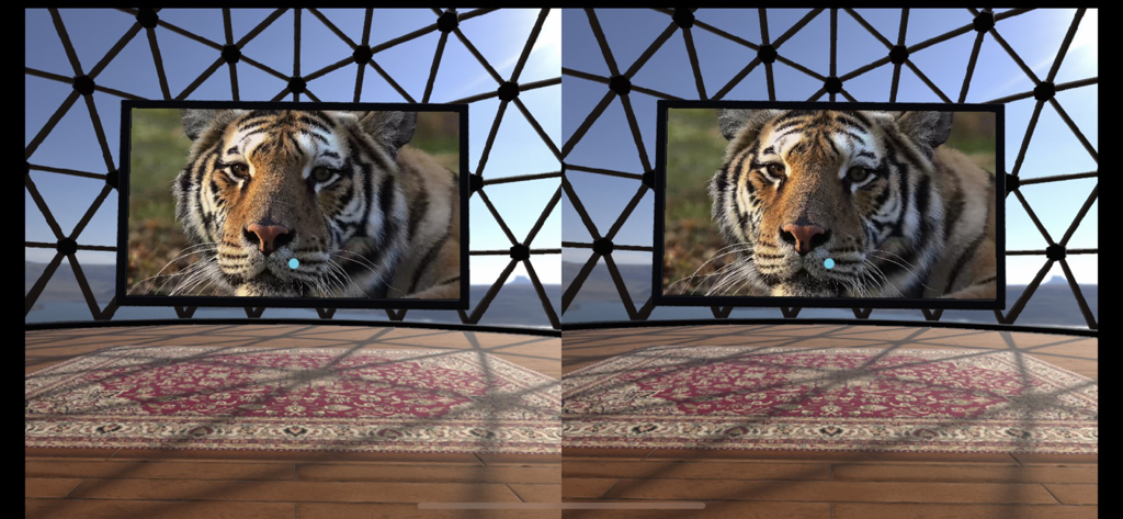 Split screen VR view showing a tiger on a monitor inside a virtual dome room
