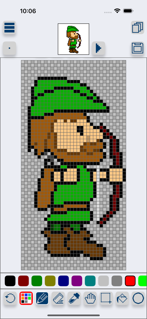 Pixel art editor interface in Sprite Creator app showing an archer character design on a grid.