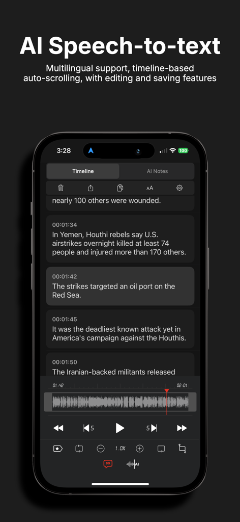 SoundNote app interface displaying AI speech to text transcription with timestamps and audio waveform on an iPhone