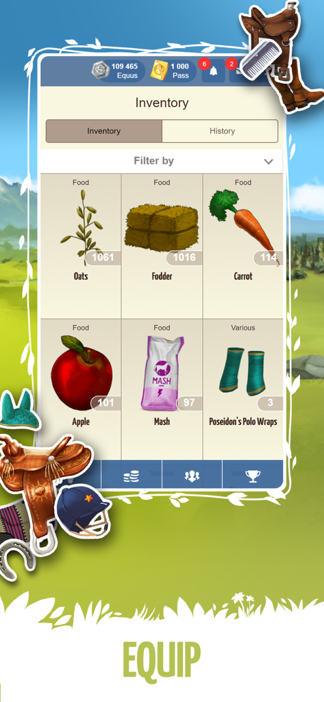 Howrse - Screenshot of the Howrse mobile app inventory showing food items like oats, carrots, and apples plus horse equipment
