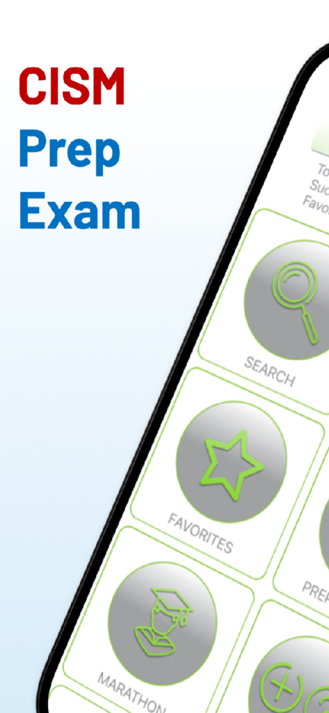 ISACA CISM Exam 2026 - Mobile app interface for ISACA CISM exam preparation showing search favorites and marathon modes