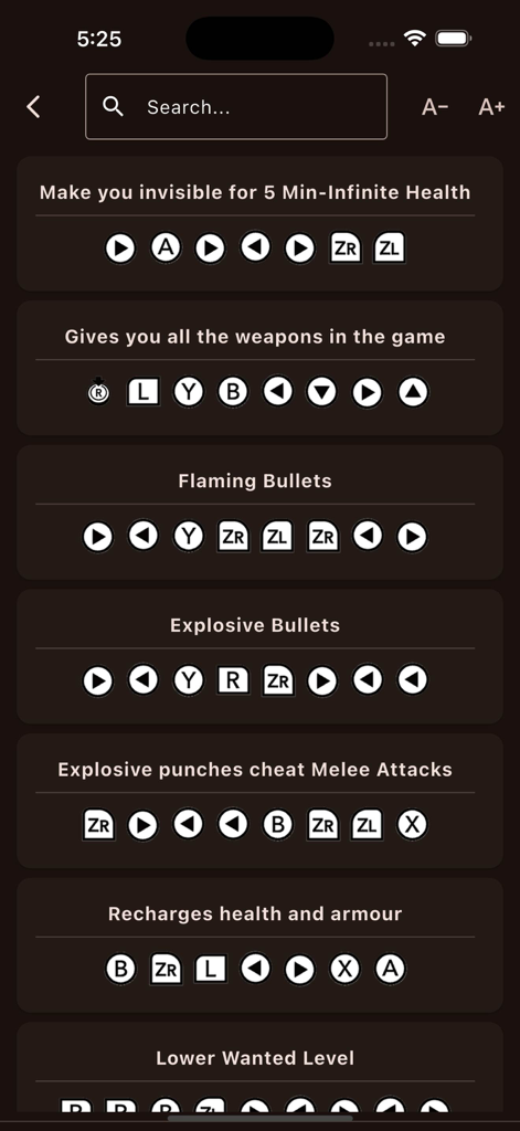 GTA 5 Cheat Codes & Missions - Schermata che mostra i codici trucchi di GTA 5 per armi e salute con input dei controller