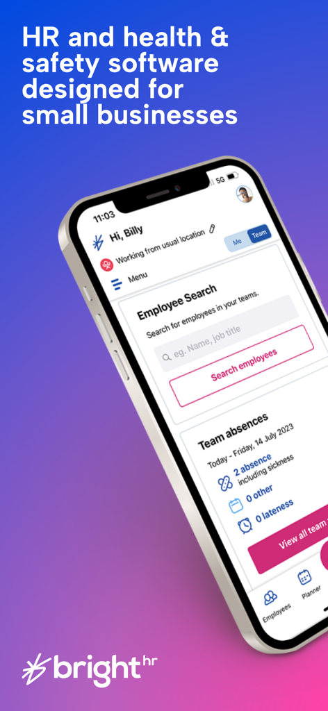 BrightHR - 従業員検索とチームの欠勤を表示する、中小企業向け人事管理BrightHRモバイルアプリのダッシュボード