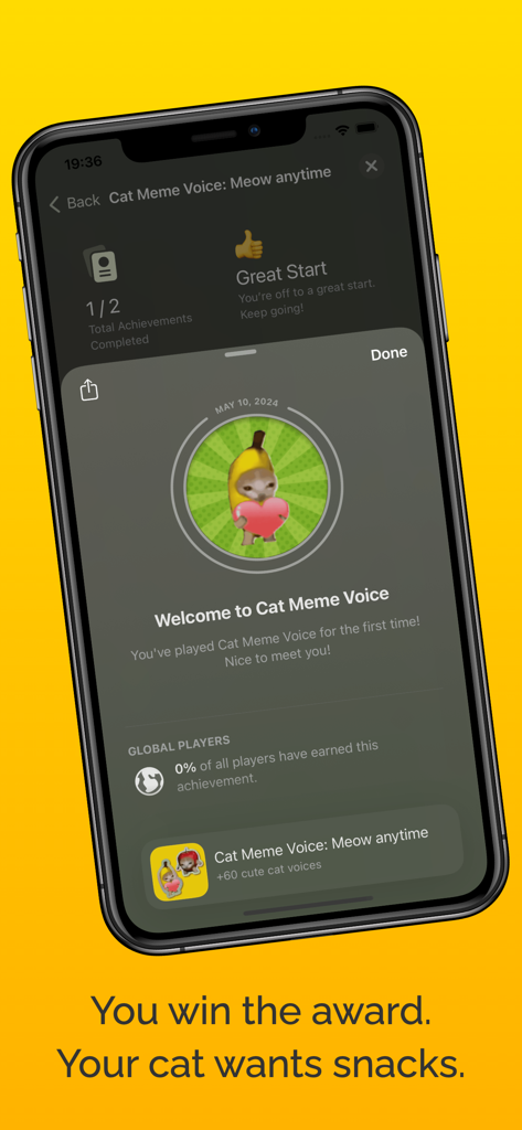 Cat Meme Voice: Meow anytime! - A smartphone screen displaying a welcome achievement in the Cat Meme Voice app featuring the viral banana cat meme.