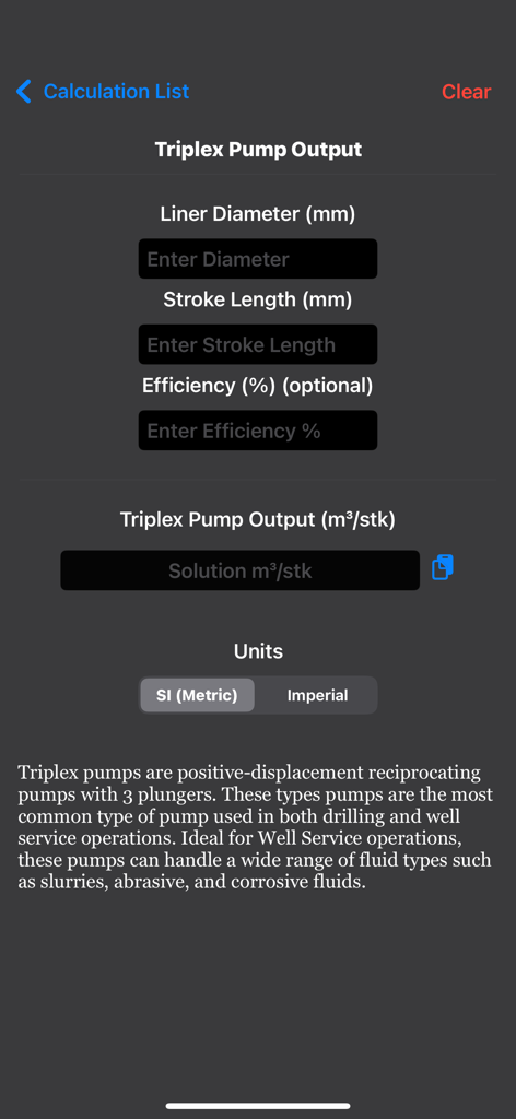 Petroleum Field Calculator - Triplex Pump Output calculation screen showing input fields for liner diameter and stroke length in metric units.
