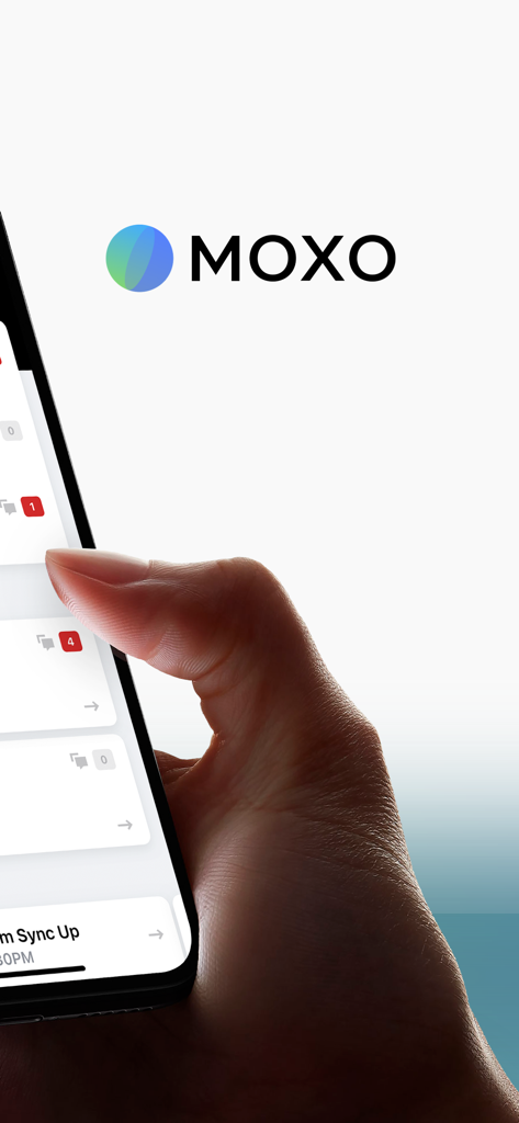 Moxo - Hand holding a mobile phone displaying the Moxo app interface for business client management