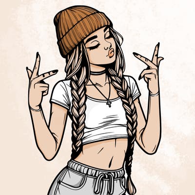 realistic teenage girl with braids and a beanie and crop top doing 🫶🏼