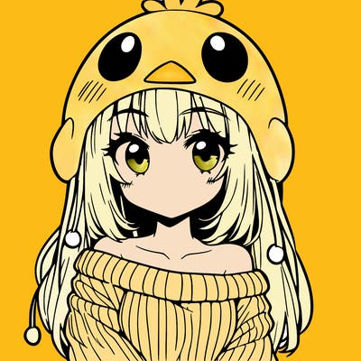 anime girl with chick shaped hat with sweater with bare shoulders with bangs covering them one eye with low tail