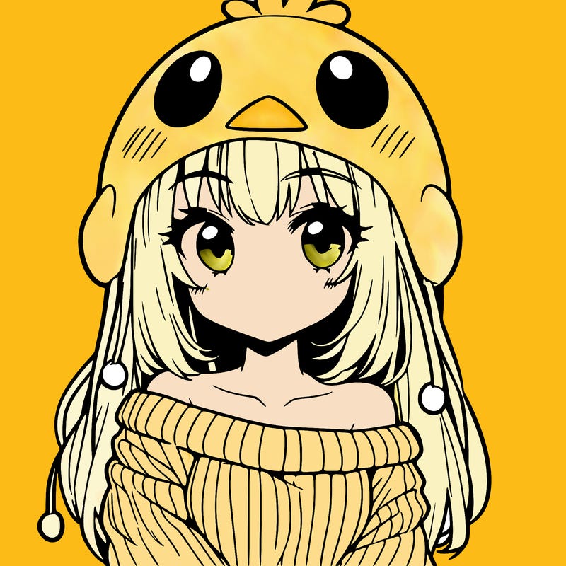 anime girl with chick shaped hat with sweater with bare shoulders with bangs covering them one eye with low tail