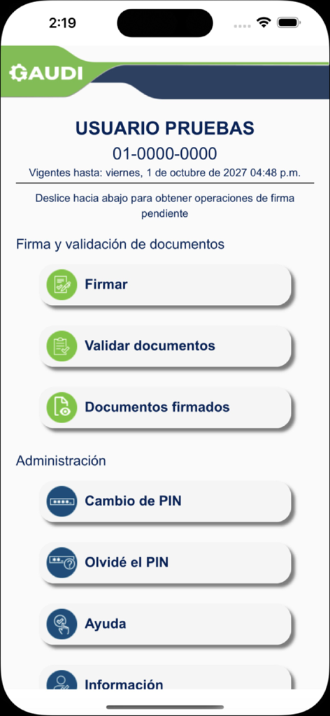 GAUDI Móvil - Menu principal de l'application GAUDI Movil montrant les options de signature numérique et de validation de documents