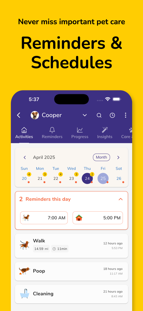 Doggy Time: Dog Training Log - Doggy Time App-Oberfläche mit Erinnerungen an die Haustierpflege, einem Monatskalender und einem Protokoll täglicher Aktivitäten wie Spaziergänge und Töpfchenpausen.