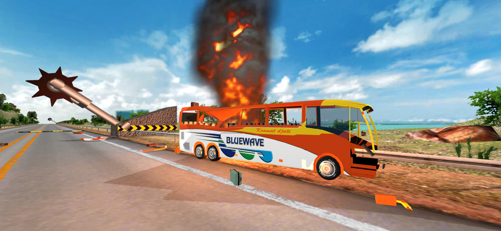 Bus Rage: Smash & Race - A burning bus on fire after hitting a spiked road barrier in Bus Rage Smash and Race