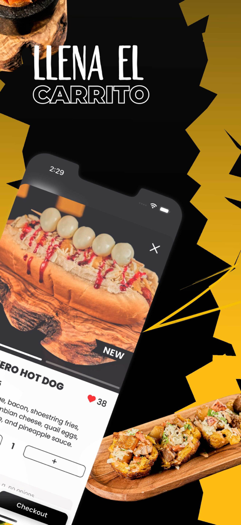 Monchys Fast Food App Screenshot mit einer Gourmet-Hotdog-Bestellseite